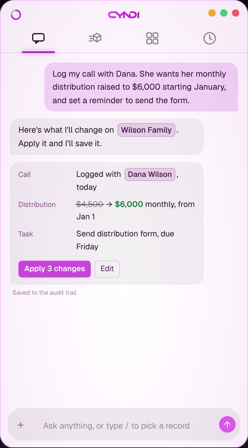 The CYNDI chat panel proposing three changes to the Wilson Family record