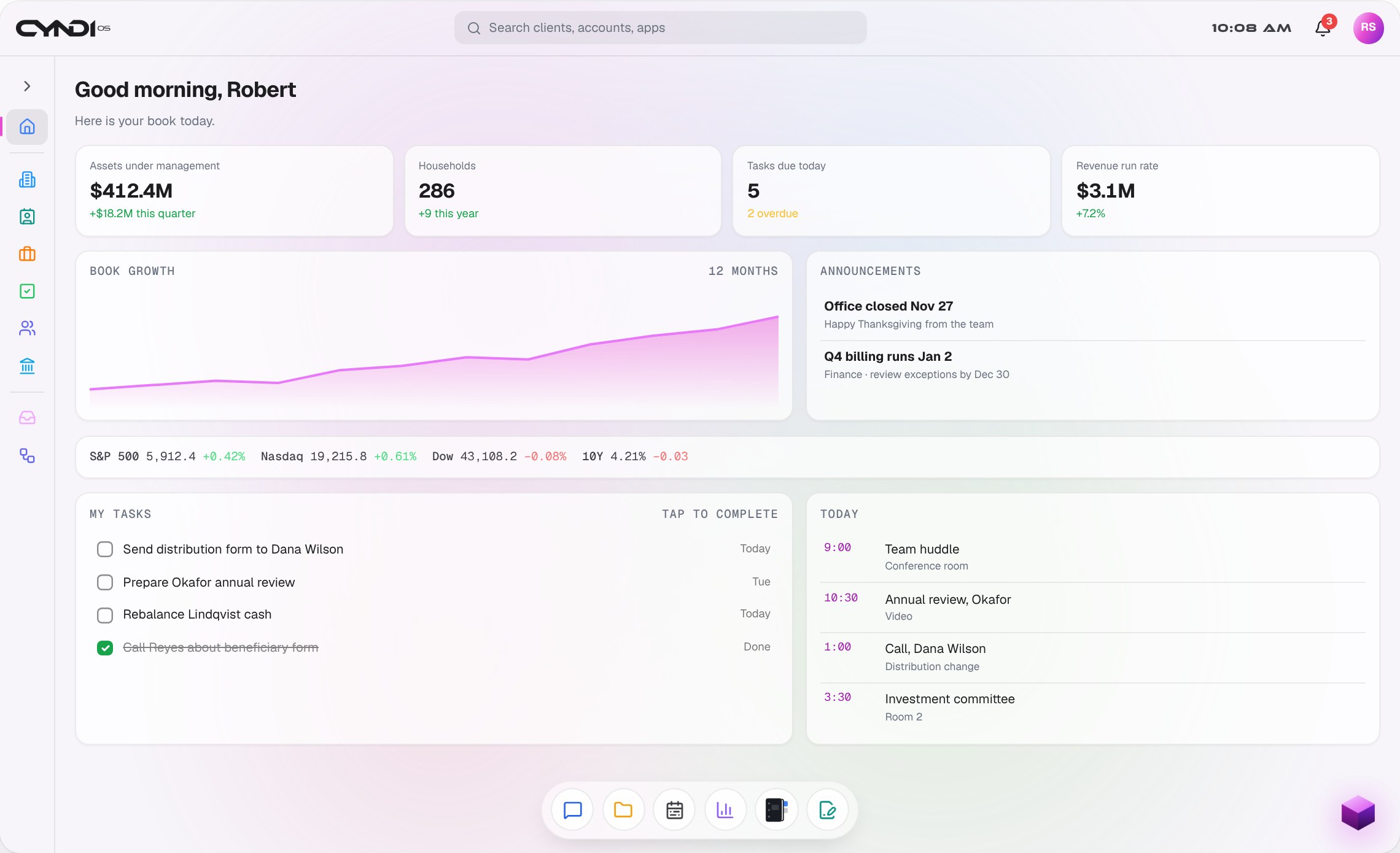The Cyndi OS home screen: book totals, growth chart, announcements, tasks and today's schedule